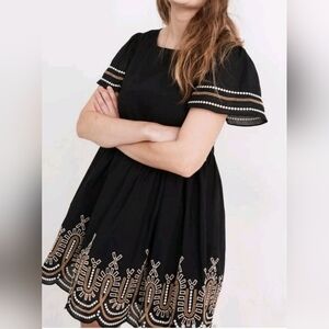 Madewell Embroidered Puff Sleeve Dress L Black Cotton Lined